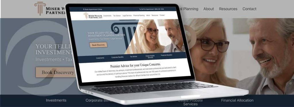 Miser Wealth Partners in Tellico Village and Knoxville Miser Wealth Partners Website as illustrated by artist to show what website looks like on laptop computer.